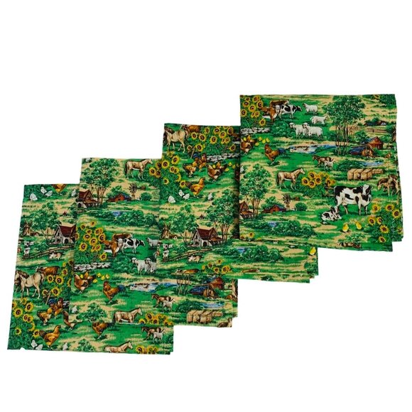 VTG Farm Animal Themed Napkins Set of 4 Cotton Fabric Square Country Living - Picture 1 of 12